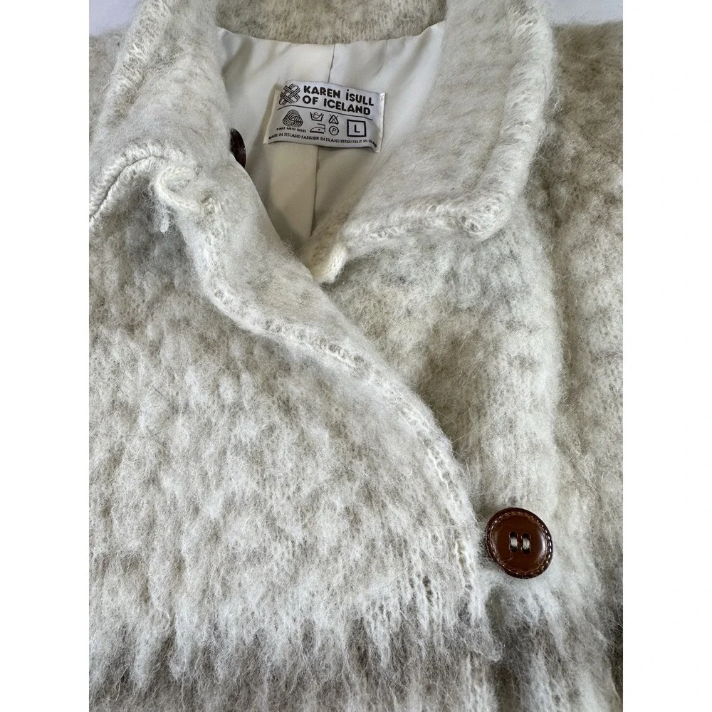 Vtg Karen Isull Of Iceland Wool Mohair Belted Duster Coat Cardigan Cream Brown L